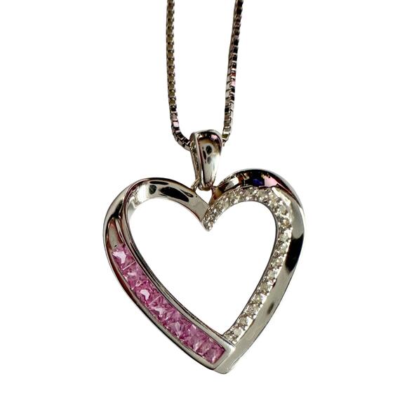 Pink & White Heart Necklace with Lab Created Sapphires - Sterling Silver - Picture 10 of 14